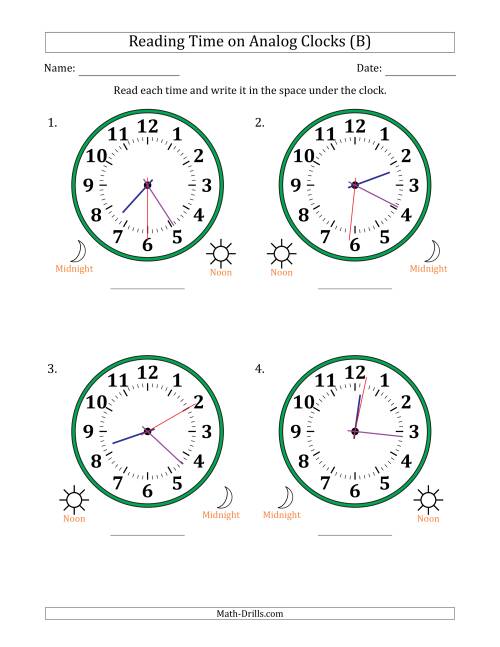 The Reading 12 Hour Time on Analog Clocks in 1 Second Intervals (4 Large Clocks) (B) Math Worksheet
