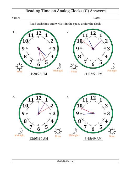 The Reading 12 Hour Time on Analog Clocks in 1 Second Intervals (4 Large Clocks) (C) Math Worksheet Page 2