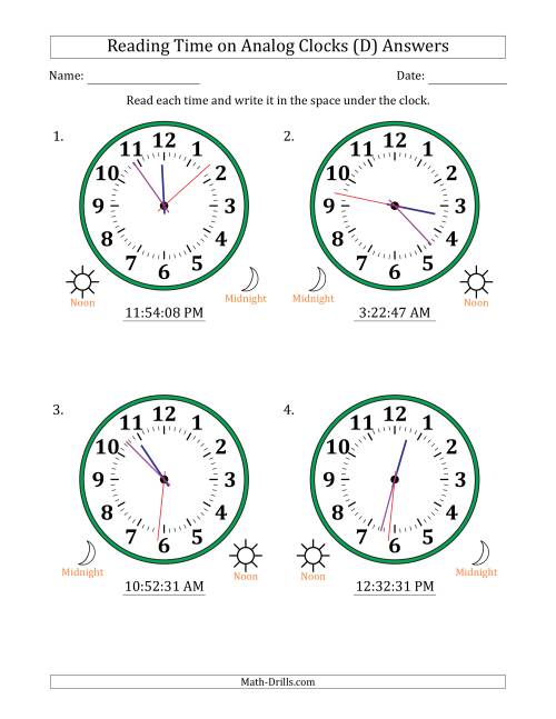 The Reading 12 Hour Time on Analog Clocks in 1 Second Intervals (4 Large Clocks) (D) Math Worksheet Page 2