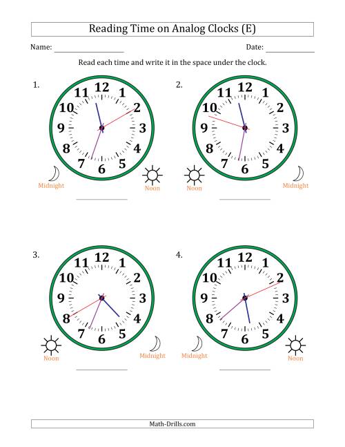The Reading 12 Hour Time on Analog Clocks in 1 Second Intervals (4 Large Clocks) (E) Math Worksheet