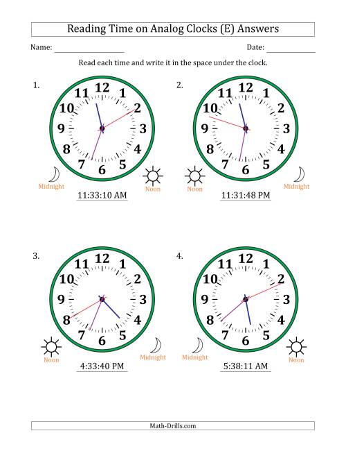 The Reading 12 Hour Time on Analog Clocks in 1 Second Intervals (4 Large Clocks) (E) Math Worksheet Page 2
