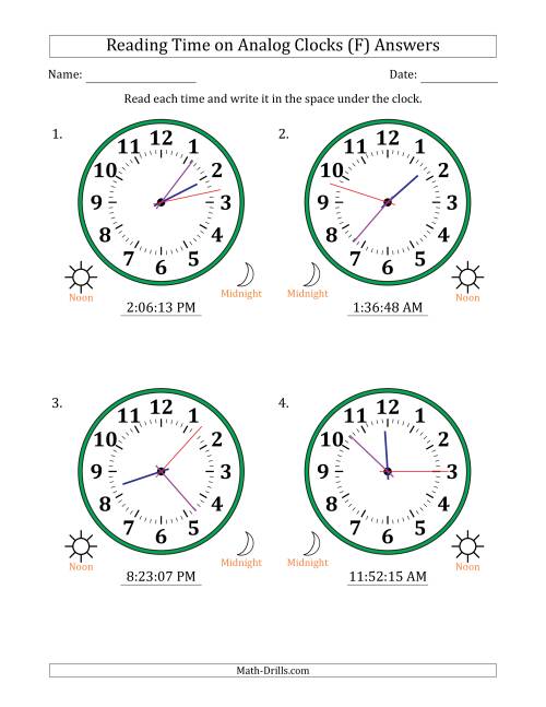 The Reading 12 Hour Time on Analog Clocks in 1 Second Intervals (4 Large Clocks) (F) Math Worksheet Page 2