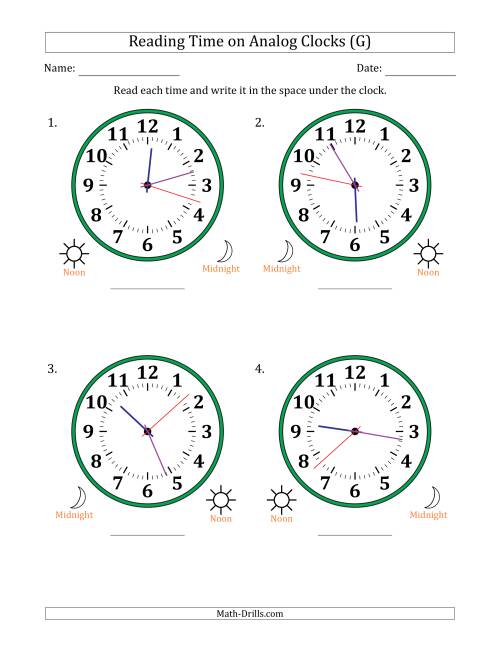 The Reading 12 Hour Time on Analog Clocks in 1 Second Intervals (4 Large Clocks) (G) Math Worksheet