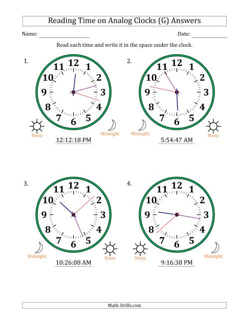 The Reading 12 Hour Time on Analog Clocks in 1 Second Intervals (4 Large Clocks) (G) Math Worksheet Page 2