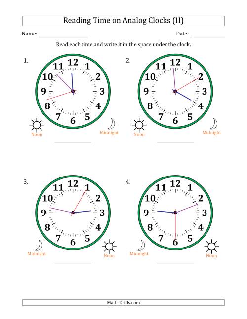The Reading 12 Hour Time on Analog Clocks in 1 Second Intervals (4 Large Clocks) (H) Math Worksheet