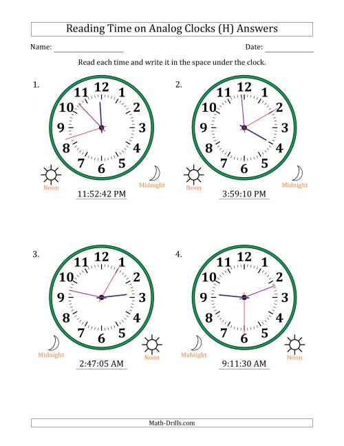 The Reading 12 Hour Time on Analog Clocks in 1 Second Intervals (4 Large Clocks) (H) Math Worksheet Page 2