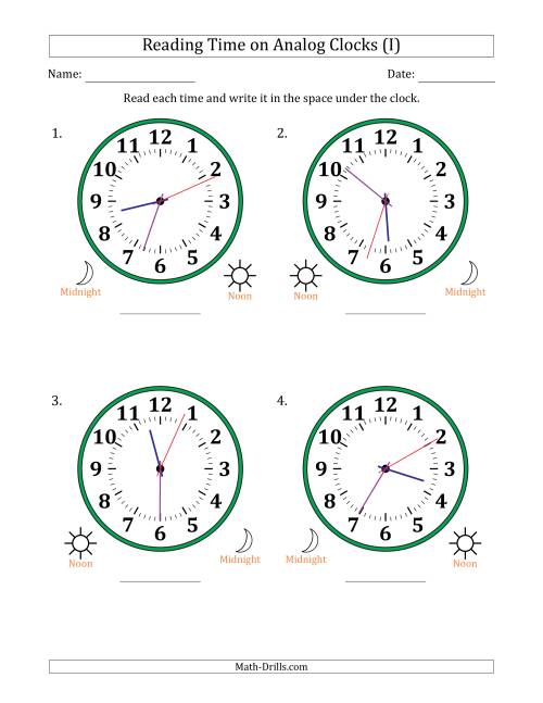 The Reading 12 Hour Time on Analog Clocks in 1 Second Intervals (4 Large Clocks) (I) Math Worksheet