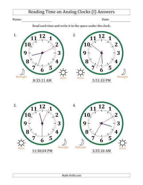 The Reading 12 Hour Time on Analog Clocks in 1 Second Intervals (4 Large Clocks) (I) Math Worksheet Page 2