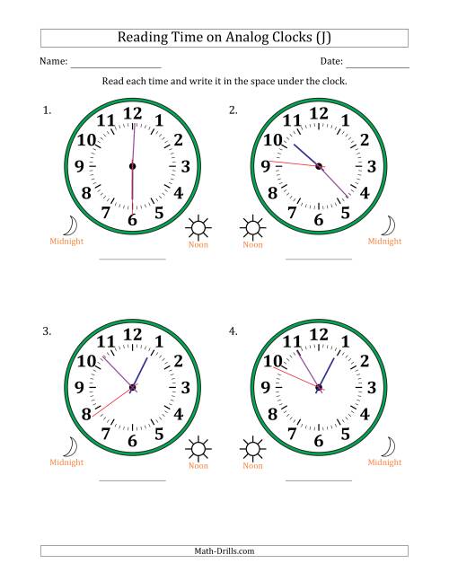 The Reading 12 Hour Time on Analog Clocks in 1 Second Intervals (4 Large Clocks) (J) Math Worksheet