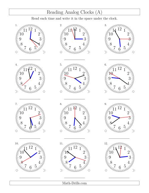 The Reading Time on 12 Hour Analog Clocks in 1 Second Intervals (Old) Math Worksheet