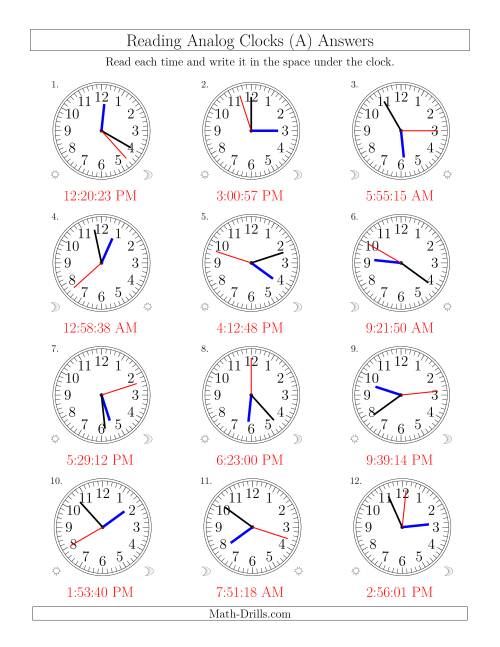 The Reading Time on 12 Hour Analog Clocks in 1 Second Intervals (Old) Math Worksheet Page 2