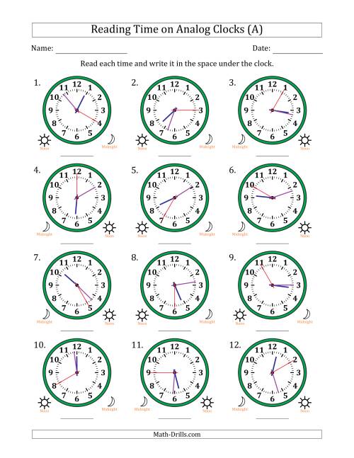 The Reading 12 Hour Time on Analog Clocks in 5 Second Intervals (12 Clocks) (A) Math Worksheet