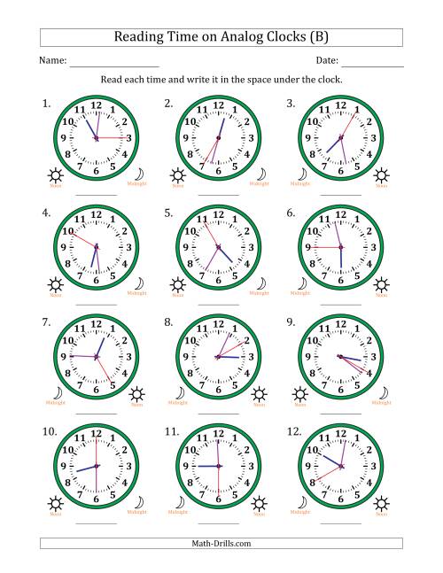The Reading 12 Hour Time on Analog Clocks in 5 Second Intervals (12 Clocks) (B) Math Worksheet