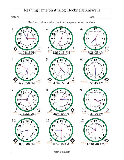 The Reading 12 Hour Time on Analog Clocks in 5 Second Intervals (12 Clocks) (B) Math Worksheet Page 2