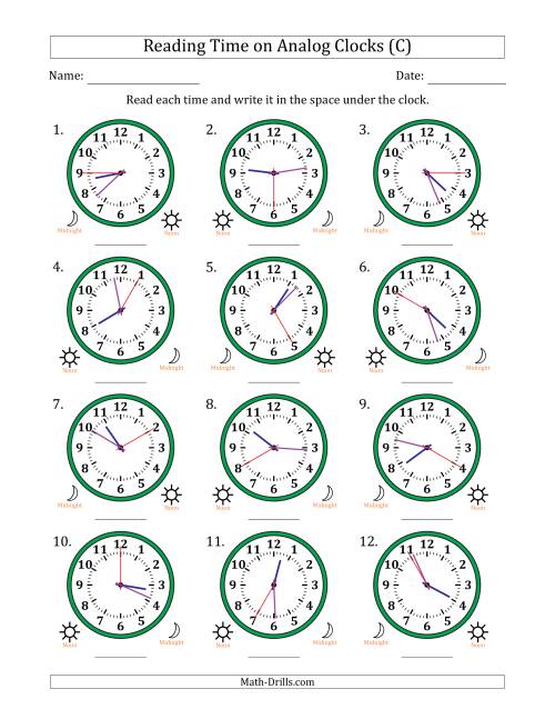 The Reading 12 Hour Time on Analog Clocks in 5 Second Intervals (12 Clocks) (C) Math Worksheet
