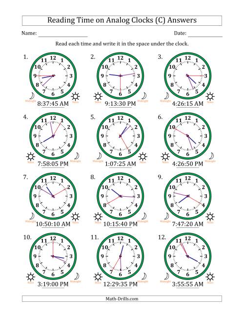 The Reading 12 Hour Time on Analog Clocks in 5 Second Intervals (12 Clocks) (C) Math Worksheet Page 2