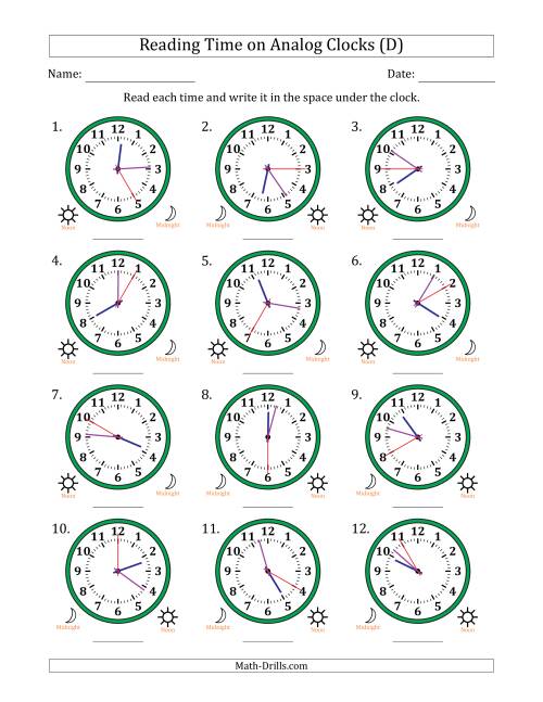 The Reading 12 Hour Time on Analog Clocks in 5 Second Intervals (12 Clocks) (D) Math Worksheet