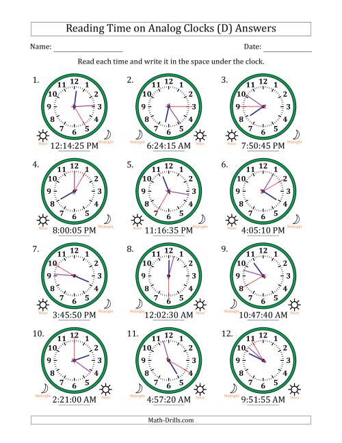 The Reading 12 Hour Time on Analog Clocks in 5 Second Intervals (12 Clocks) (D) Math Worksheet Page 2
