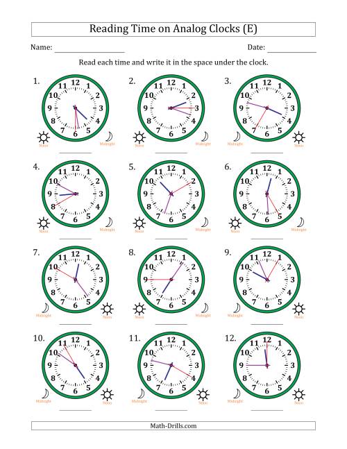 The Reading 12 Hour Time on Analog Clocks in 5 Second Intervals (12 Clocks) (E) Math Worksheet
