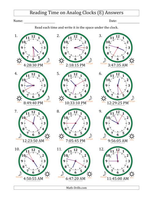 The Reading 12 Hour Time on Analog Clocks in 5 Second Intervals (12 Clocks) (E) Math Worksheet Page 2