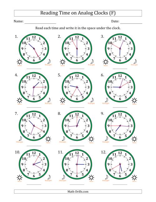 The Reading 12 Hour Time on Analog Clocks in 5 Second Intervals (12 Clocks) (F) Math Worksheet
