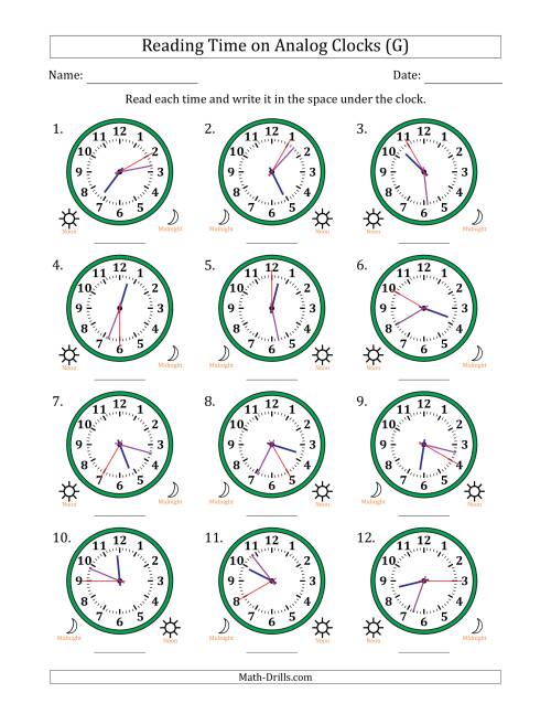 The Reading 12 Hour Time on Analog Clocks in 5 Second Intervals (12 Clocks) (G) Math Worksheet