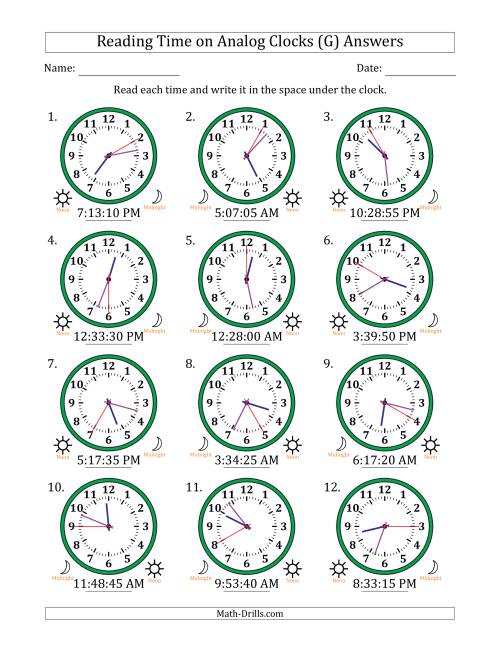 The Reading 12 Hour Time on Analog Clocks in 5 Second Intervals (12 Clocks) (G) Math Worksheet Page 2