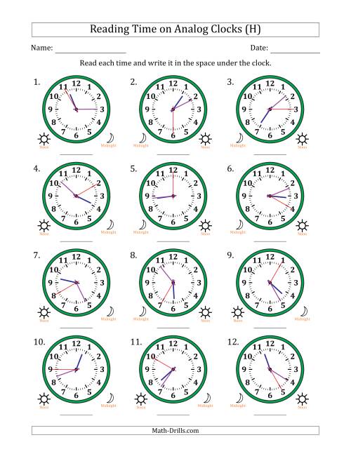 The Reading 12 Hour Time on Analog Clocks in 5 Second Intervals (12 Clocks) (H) Math Worksheet