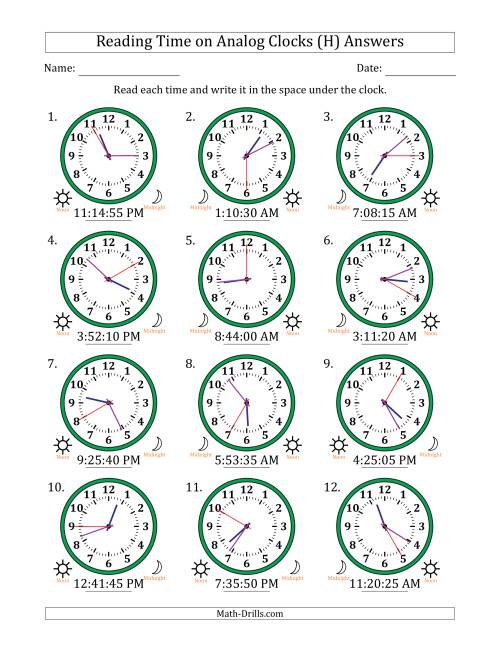 The Reading 12 Hour Time on Analog Clocks in 5 Second Intervals (12 Clocks) (H) Math Worksheet Page 2