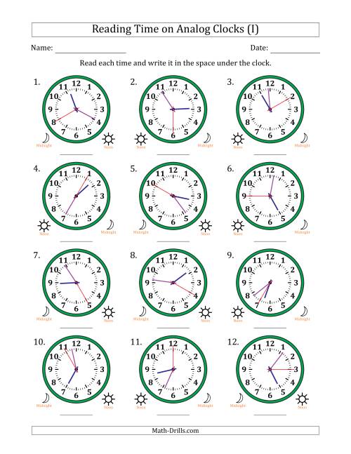 The Reading 12 Hour Time on Analog Clocks in 5 Second Intervals (12 Clocks) (I) Math Worksheet