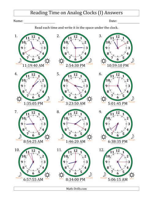 The Reading 12 Hour Time on Analog Clocks in 5 Second Intervals (12 Clocks) (I) Math Worksheet Page 2