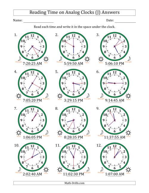 The Reading 12 Hour Time on Analog Clocks in 5 Second Intervals (12 Clocks) (J) Math Worksheet Page 2