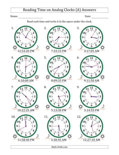 The Reading 12 Hour Time on Analog Clocks in 5 Second Intervals (12 Clocks) (All) Math Worksheet Page 2
