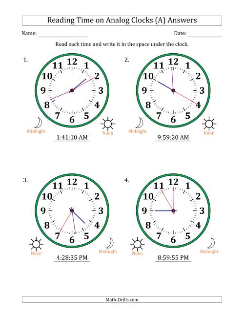 The Reading 12 Hour Time on Analog Clocks in 5 Second Intervals (4 Large Clocks) (A) Math Worksheet Page 2