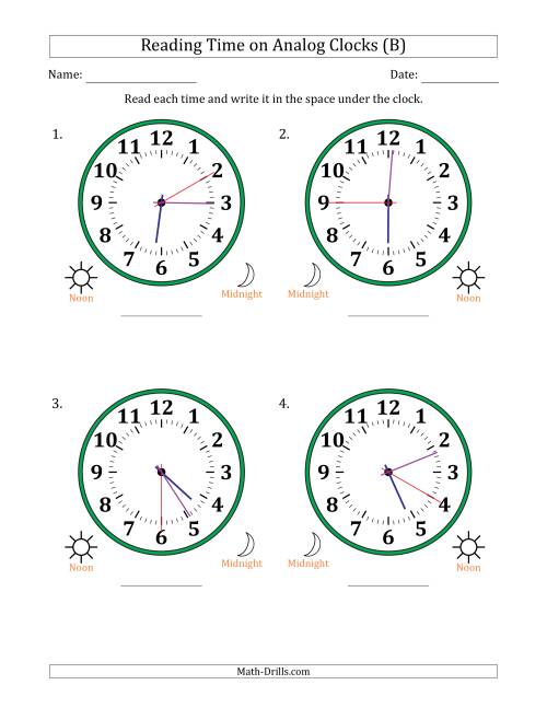 The Reading 12 Hour Time on Analog Clocks in 5 Second Intervals (4 Large Clocks) (B) Math Worksheet