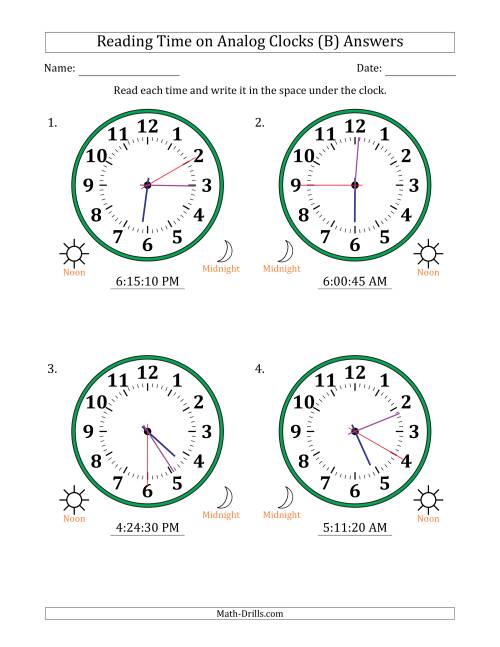 The Reading 12 Hour Time on Analog Clocks in 5 Second Intervals (4 Large Clocks) (B) Math Worksheet Page 2