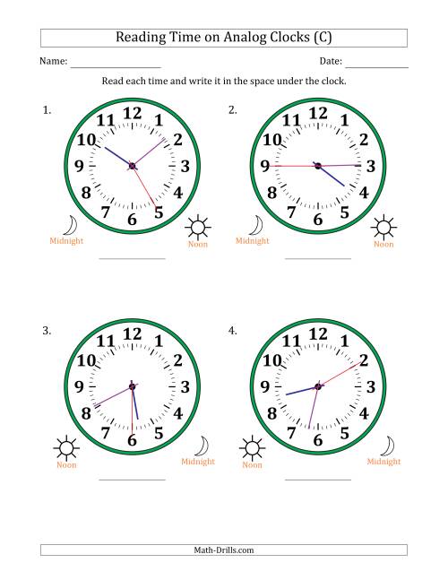The Reading 12 Hour Time on Analog Clocks in 5 Second Intervals (4 Large Clocks) (C) Math Worksheet