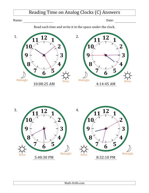 The Reading 12 Hour Time on Analog Clocks in 5 Second Intervals (4 Large Clocks) (C) Math Worksheet Page 2