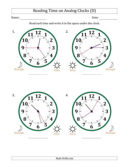 The Reading 12 Hour Time on Analog Clocks in 5 Second Intervals (4 Large Clocks) (D) Math Worksheet