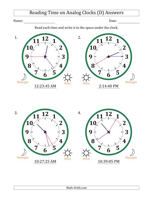 The Reading 12 Hour Time on Analog Clocks in 5 Second Intervals (4 Large Clocks) (D) Math Worksheet Page 2