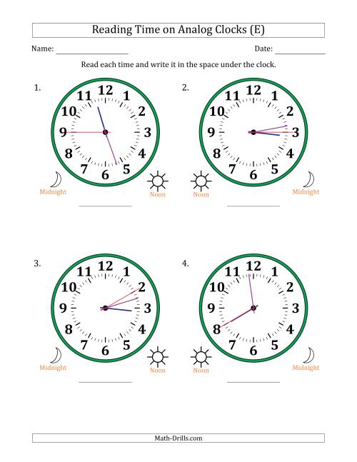 The Reading 12 Hour Time on Analog Clocks in 5 Second Intervals (4 Large Clocks) (E) Math Worksheet