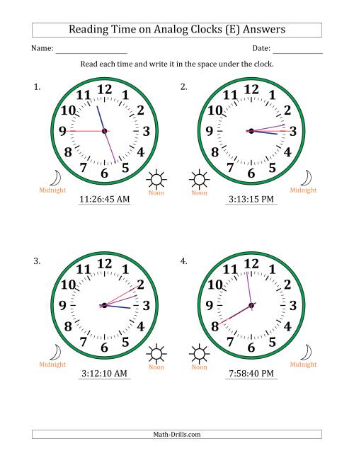 The Reading 12 Hour Time on Analog Clocks in 5 Second Intervals (4 Large Clocks) (E) Math Worksheet Page 2