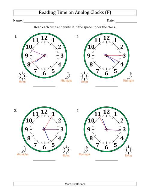 The Reading 12 Hour Time on Analog Clocks in 5 Second Intervals (4 Large Clocks) (F) Math Worksheet