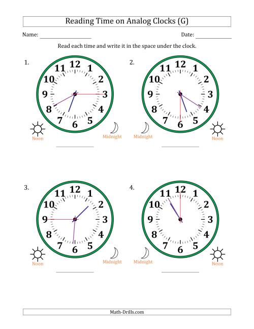 The Reading 12 Hour Time on Analog Clocks in 5 Second Intervals (4 Large Clocks) (G) Math Worksheet