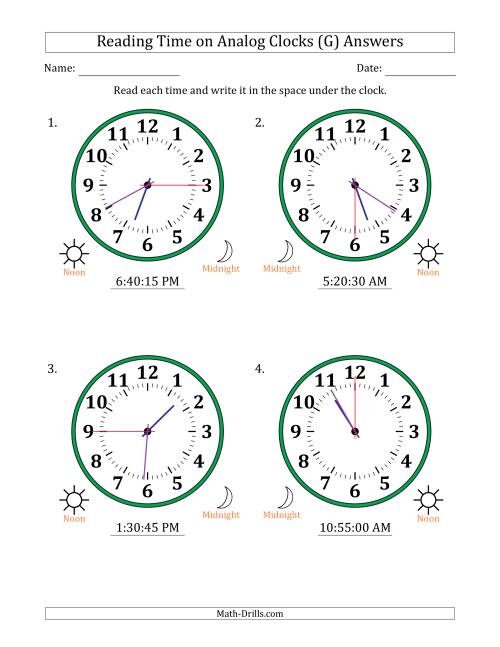 The Reading 12 Hour Time on Analog Clocks in 5 Second Intervals (4 Large Clocks) (G) Math Worksheet Page 2