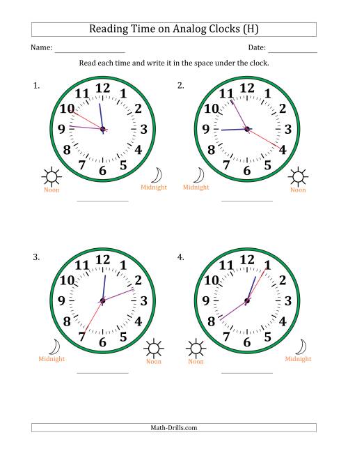 The Reading 12 Hour Time on Analog Clocks in 5 Second Intervals (4 Large Clocks) (H) Math Worksheet