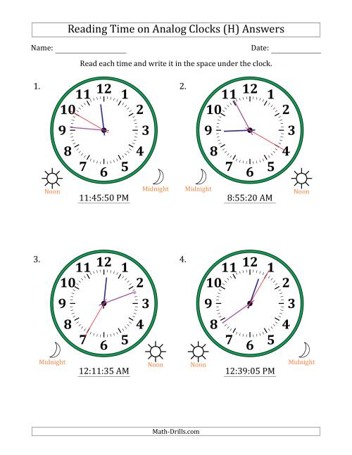 The Reading 12 Hour Time on Analog Clocks in 5 Second Intervals (4 Large Clocks) (H) Math Worksheet Page 2