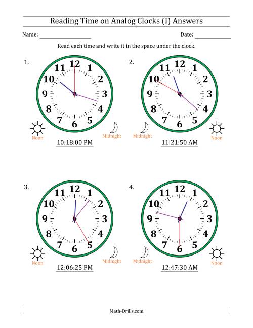 The Reading 12 Hour Time on Analog Clocks in 5 Second Intervals (4 Large Clocks) (I) Math Worksheet Page 2
