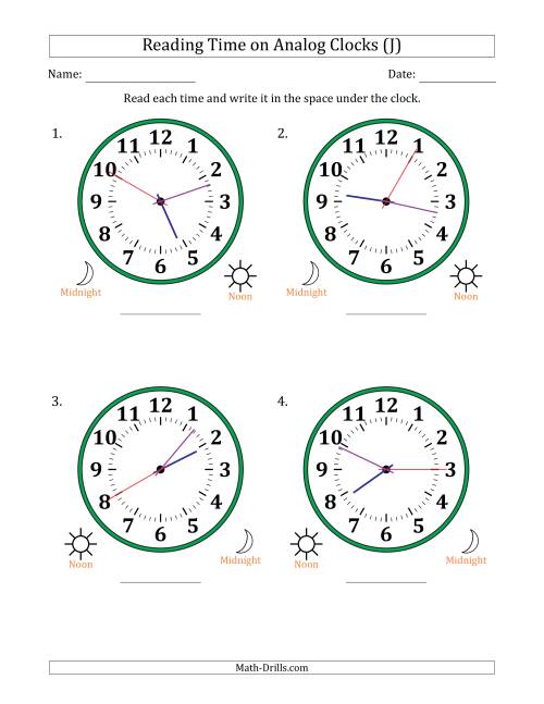 The Reading 12 Hour Time on Analog Clocks in 5 Second Intervals (4 Large Clocks) (J) Math Worksheet
