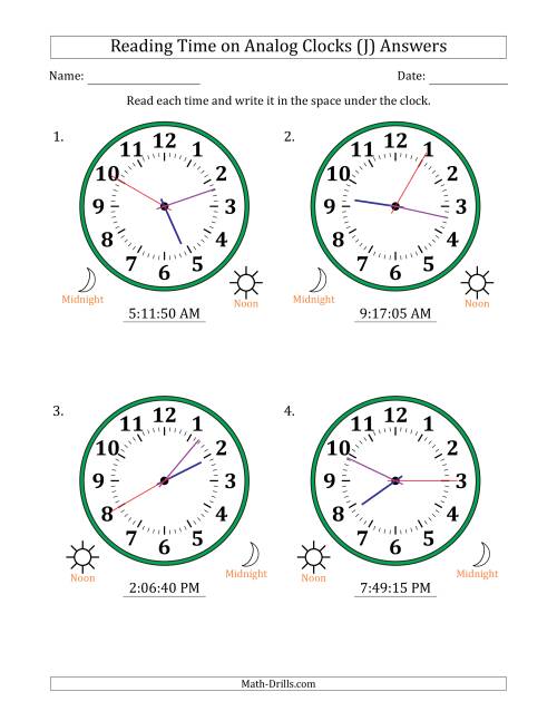 The Reading 12 Hour Time on Analog Clocks in 5 Second Intervals (4 Large Clocks) (J) Math Worksheet Page 2
